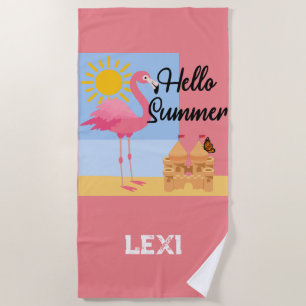 Hello Summer Pink Flamingo Design - Beach Towel