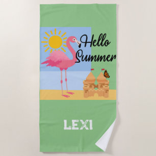 Hello Summer Pink Flamingo Design - Beach Towel