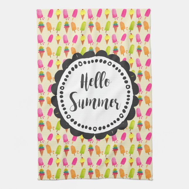 Hello Summer Popsicles and Ice Cream Tea Towel (Vertical)