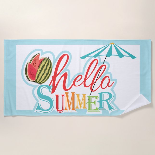 Hello Summer Quote Beach Umbrella Watermelon Blue  Beach Towel (Front)