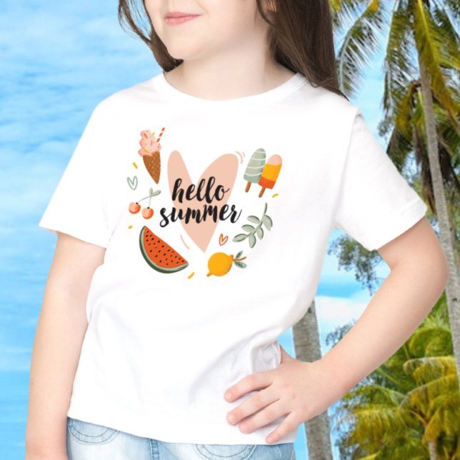 Hello Summer Quote Colourful Cute Graphic Kids T-Shirt (In Context, Girl at the beach)