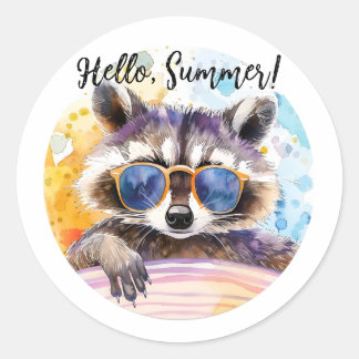 Hello Summer Racoon in sunglasses Watercolor Classic Round Sticker