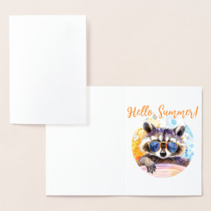 Hello Summer Racoon in sunglasses Watercolor Foil Card
