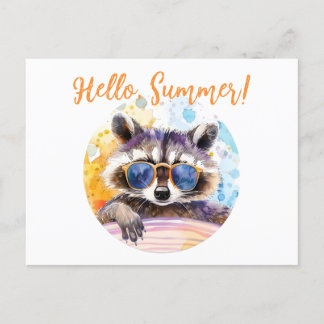 Hello Summer Racoon in sunglasses Watercolor Invitation Postcard