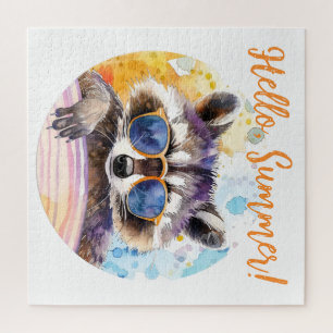 Hello Summer Racoon in sunglasses Watercolor Jigsaw Puzzle