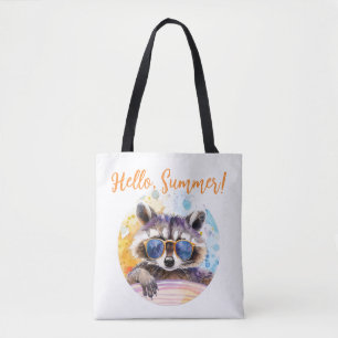 Hello Summer Racoon in sunglasses Watercolor Tote Bag