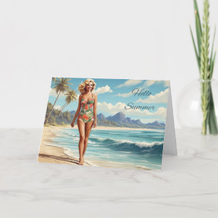 Hello Summer Retro Lady Walking on the Beach  Card