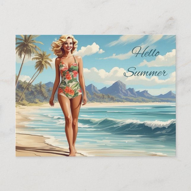 Hello Summer Retro Lady Walking on the Beach  Postcard (Front)