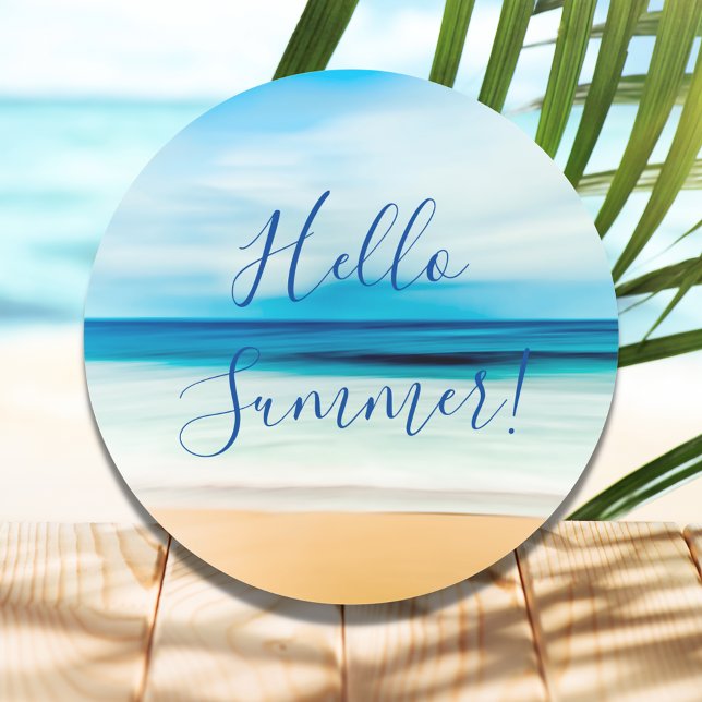 Hello Summer sandy beach nautical sea ocean Classic Round Sticker (Creator Uploaded)