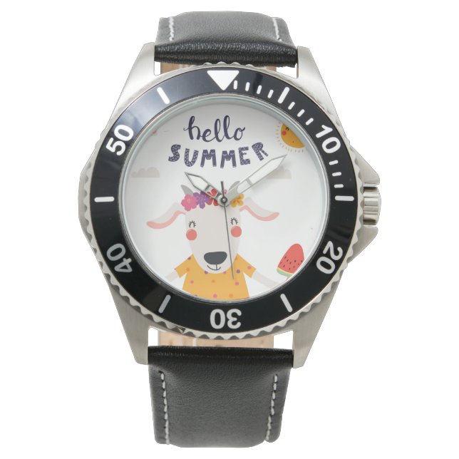 Hello summer steel black leather watch (Front)