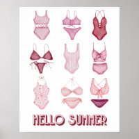 Hello Summer Swimsuits, Art Poster, Red/Pink