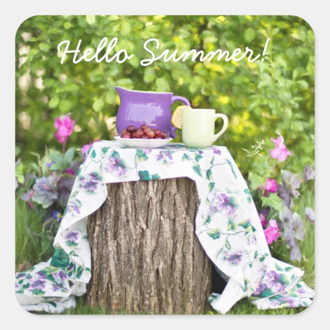 Hello Summer Tea and Plums in the Garden Square Sticker (Front)
