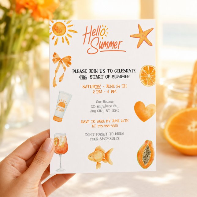 Hello Summer Tropical Orange Beach Party Invitation (Creator Uploaded)