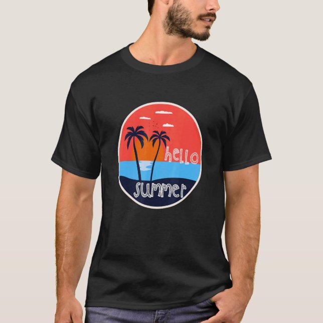 Hello Summer Vacation Beach And Palm Tree Sunset T-Shirt (Front)