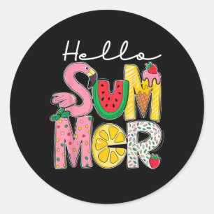 Hello Summer Vacation Ice Cream Pink Flamingo Summ Classic Round Sticker