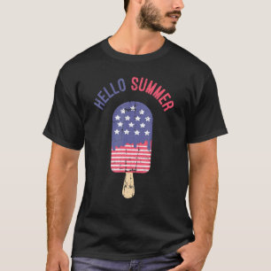 Hello Summer Vintage American Flag Icecream 4th Of T-Shirt