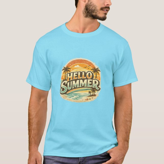 Hello Summer Vintage Beach Sunset T-Shirt (Front)