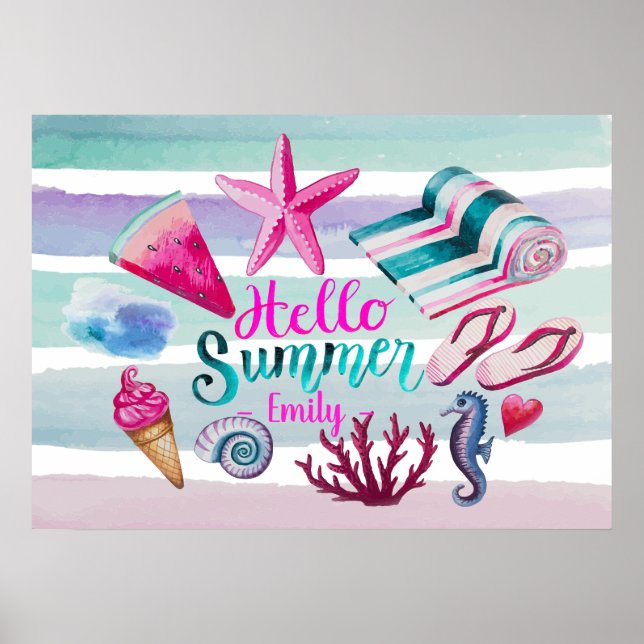 Hello Summer Watercolor Monogram Beach Stripes Poster (Front)