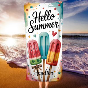 Hello Summer Watercolor Popsicles Colourful Summer Beach Towel