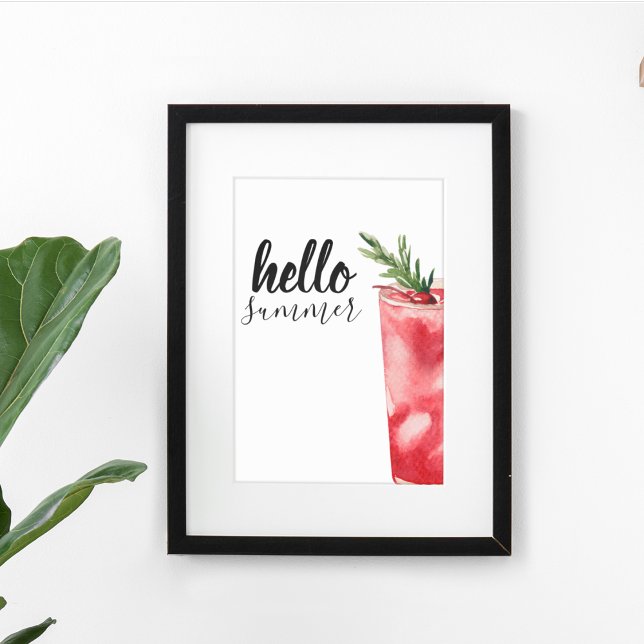 Hello Summer Watercolor Red Cherry Cocktail Poster (Creator Uploaded)