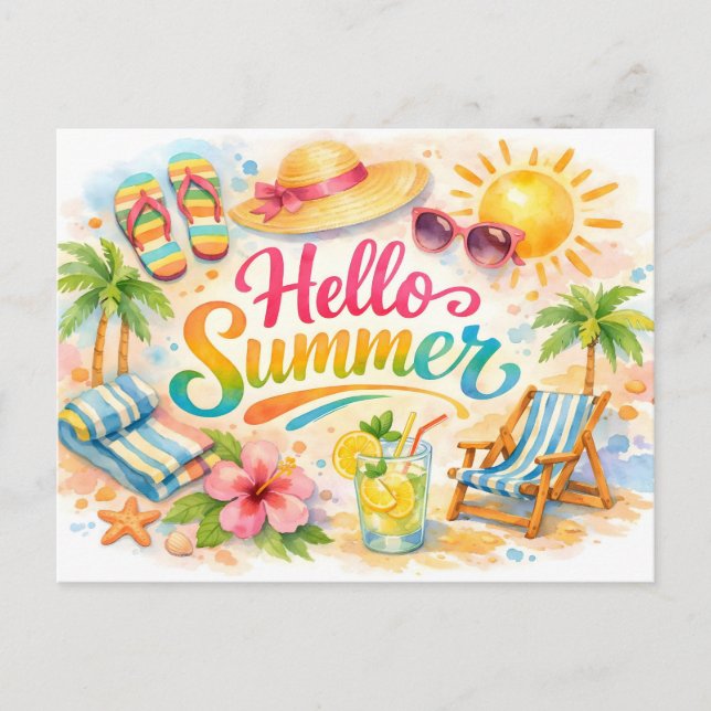 Hello Summer Watercolor Tropical Beach  Postcard (Front)