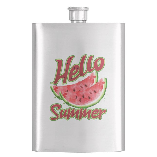 Hello Summer | Watercolor Watermelon Design Hip Flask (Front)