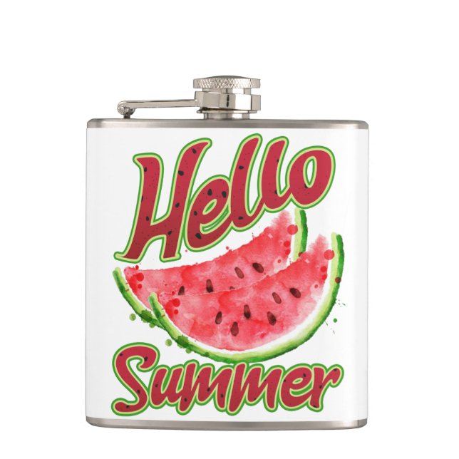 Hello Summer | Watercolor Watermelon Design Hip Flask (Front)