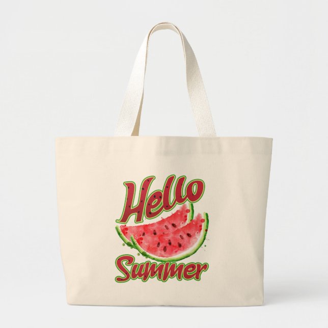 Hello Summer | Watercolor Watermelon Design Large Tote Bag (Front)