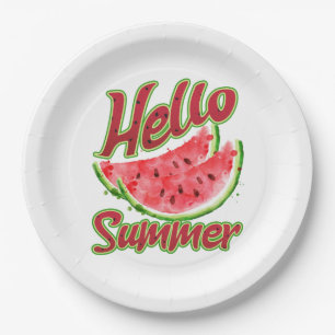 Hello Summer   Watercolor Watermelon Design Paper Plate