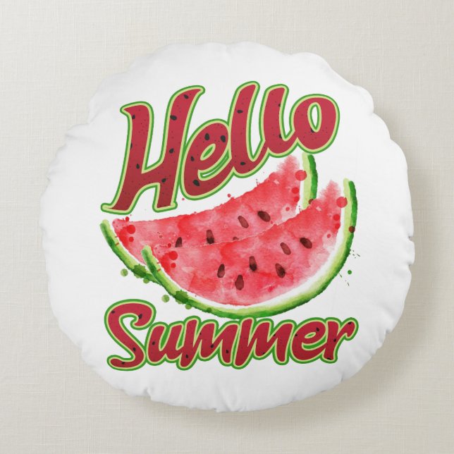 Hello Summer | Watercolor Watermelon Design Round Cushion (Front)