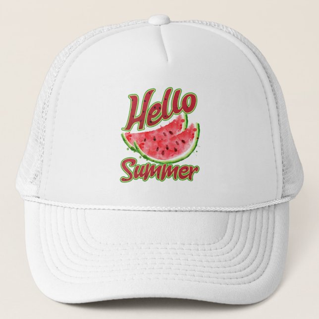 Hello Summer | Watercolor Watermelon Design Trucker Hat (Front)