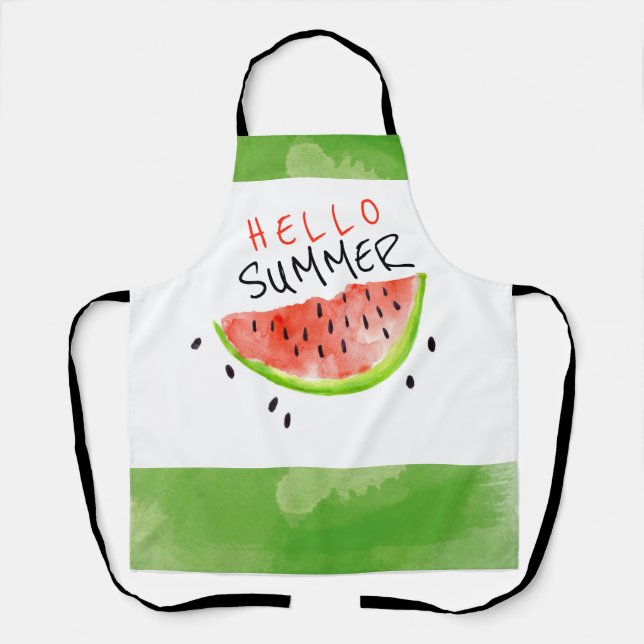 Hello Summer Watercolor Watermelon Green White Apron (Front)