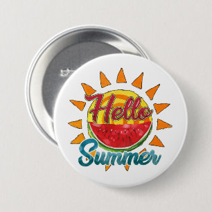 Hello Summer   Watercolor Watermelon & Vibrant Sun 7.5 Cm Round Badge