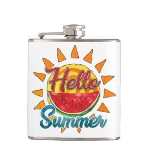 Hello Summer Watercolor Watermelon & Vibrant Sun Hip Flask