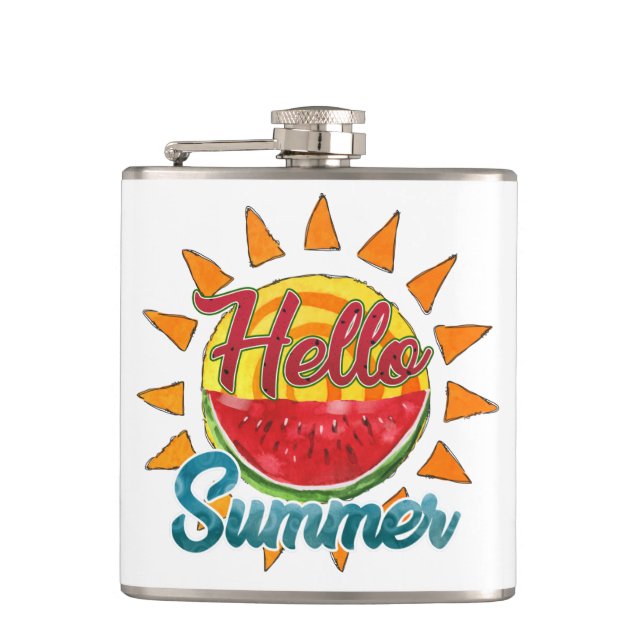 Hello Summer | Watercolor Watermelon & Vibrant Sun Hip Flask (Front)