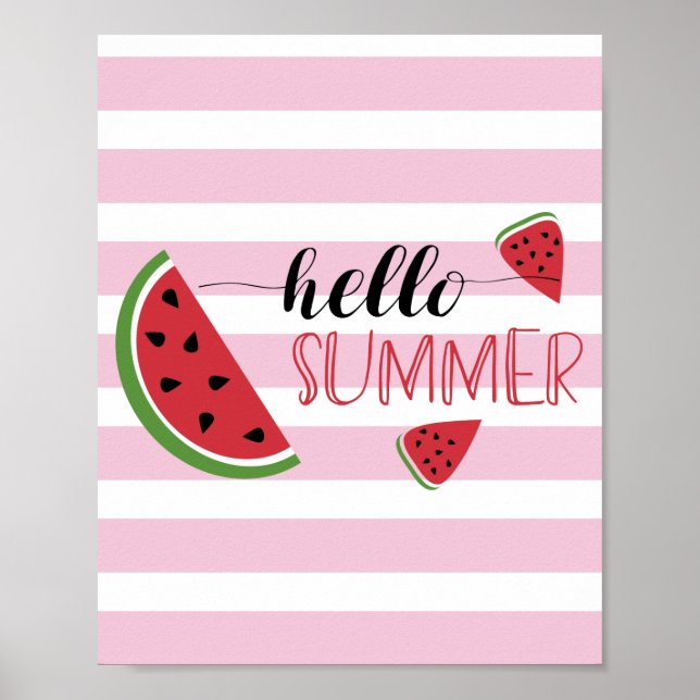 Hello Summer Watermelon Slices Cute Pink White Poster (Front)
