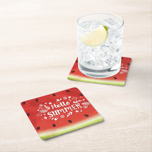 Hello Summer Watermelon Square Paper Coaster (Insitu)
