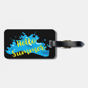 Hello Summer, Waves Graphic, Cool White Luggage Tag