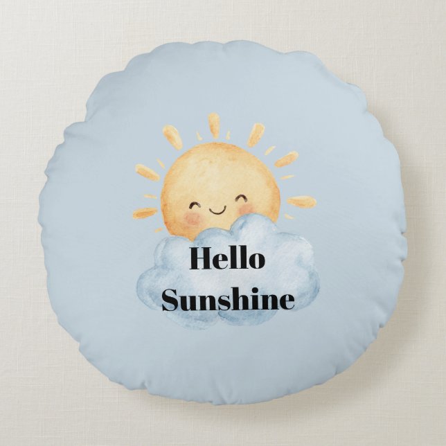 Hello Sunshine Blue Yellow Happy Sun Cloud Round Cushion (Front)