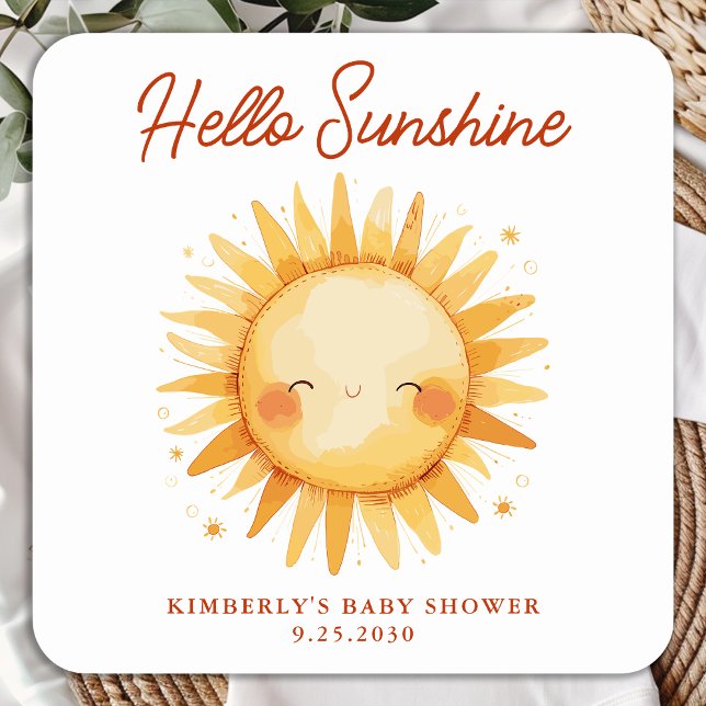 Hello Sunshine Boho Cute Sun Thank You Baby Shower Square Sticker (Creator Uploaded)