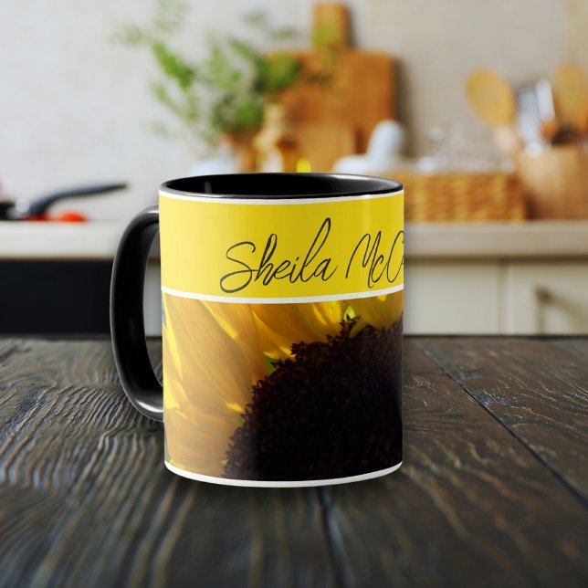 Hello Sunshine Sunflowers Photo Mug (Bright sunshine from golden yellow sunflower mug. Personalize with your name.)