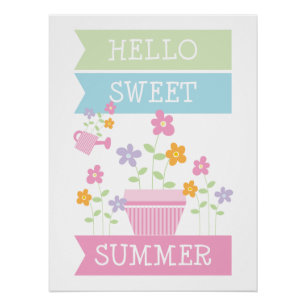 Hello Sweet Summer Cute Flowers Typography Poster