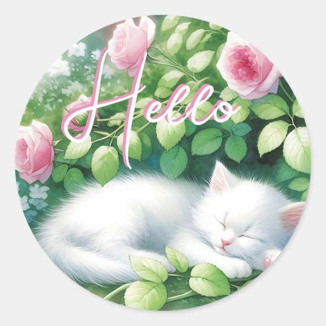 Hello | Sweet White Kitten Napping Classic Round Sticker (Front)