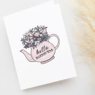 Hello Sweetie Teapot with Flowers Blank Thank You Card