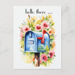 Hello There   Mailbox and Flowers Watercolor Postcard