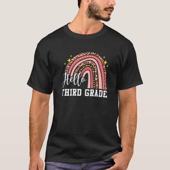 Hello Third Grade 3rd Grade Rainbow Leopard Back T T-Shirt (Front)