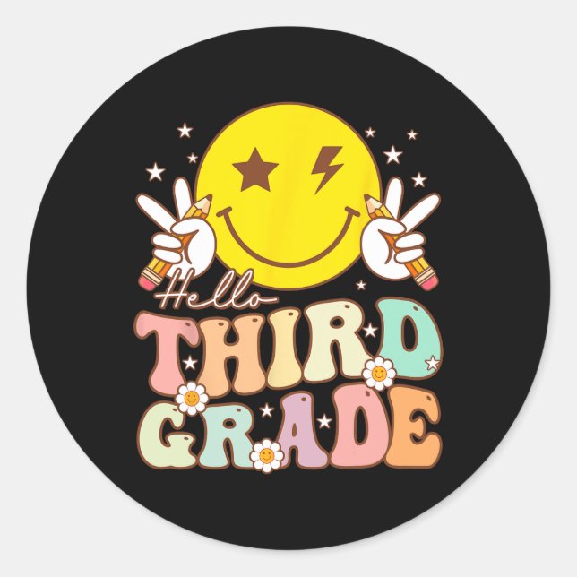 Hello Third Grade Hippie Smile Face 3rd Grade Byck Classic Round Sticker (Front)