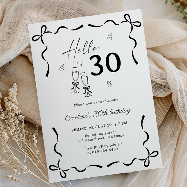 Hello Thirty 30th Birthday Elegant Black White Bow Invitation (Creator Uploaded)