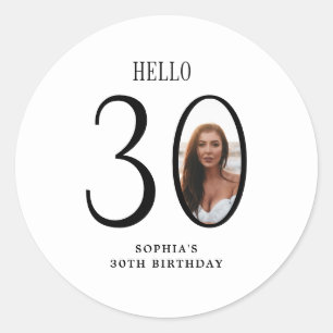 Hello Thirty Black and White Photo 30th Birthday  Classic Round Sticker