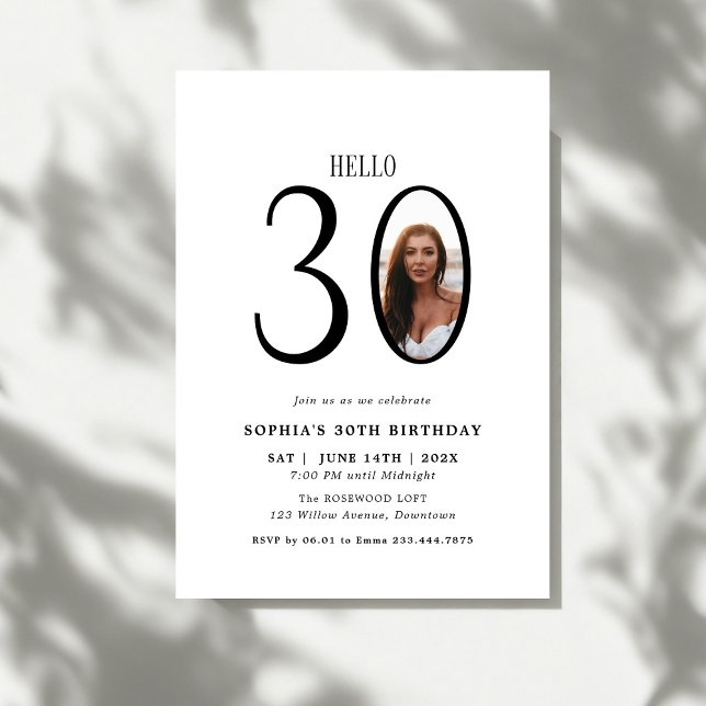 Hello Thirty Black and White Photo 30th Birthday Invitation (Creator Uploaded)